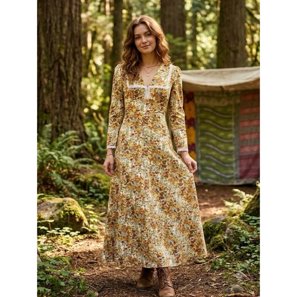 Vintage 1970 Handmade Floral Prairie Revival Cottagecore Boho Maxi Dress Medium